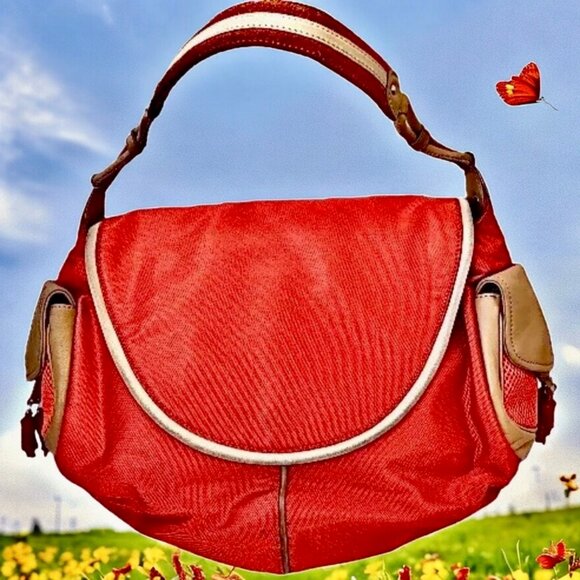 Cole Haan Shoulder Bag Hobo Flap Top Leather Trim orange nylon - Picture 13 of 14